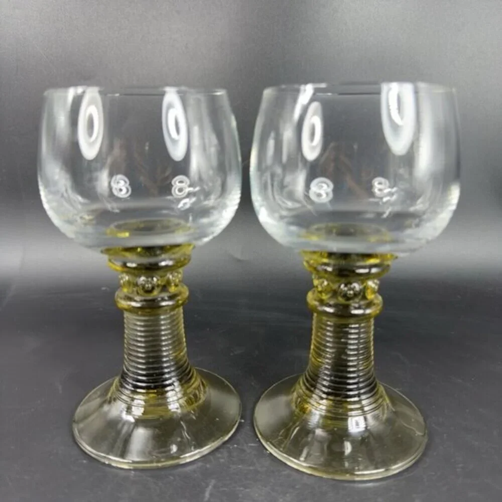 German Roemer Glasses Set 2 Green Bottom Clear Top Manganese 365nm Green UV Glow